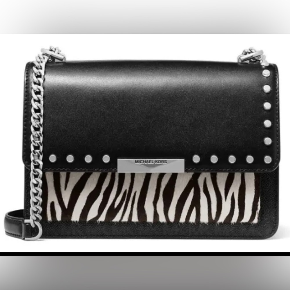 Michael Kors Jade Large Gusset Shoulder Bag Color Black Multi (Black/ White)